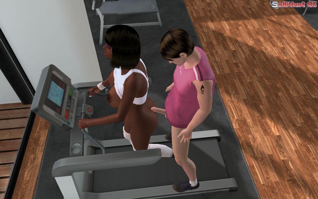 16P Busty animated fitness babe makes her coach crazy