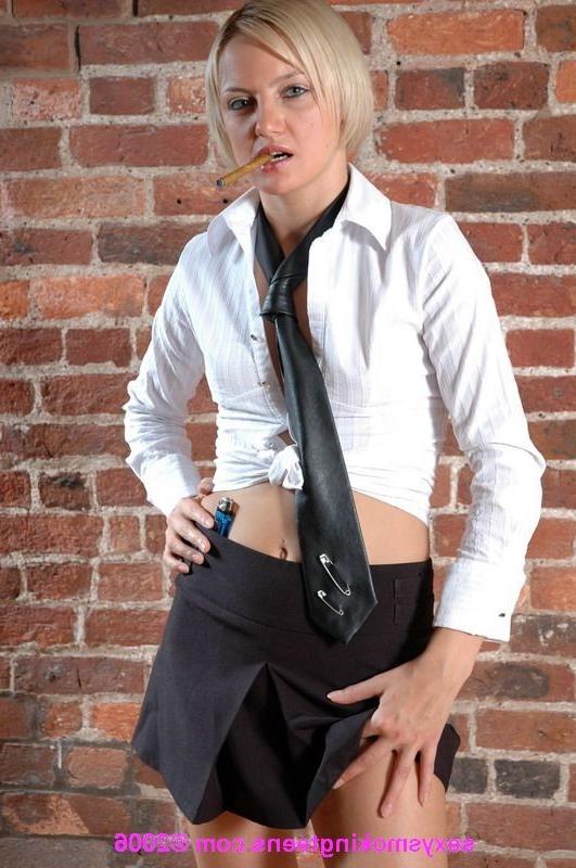 16P Bad girl teen in school uniform exposes her cute tits while smok
