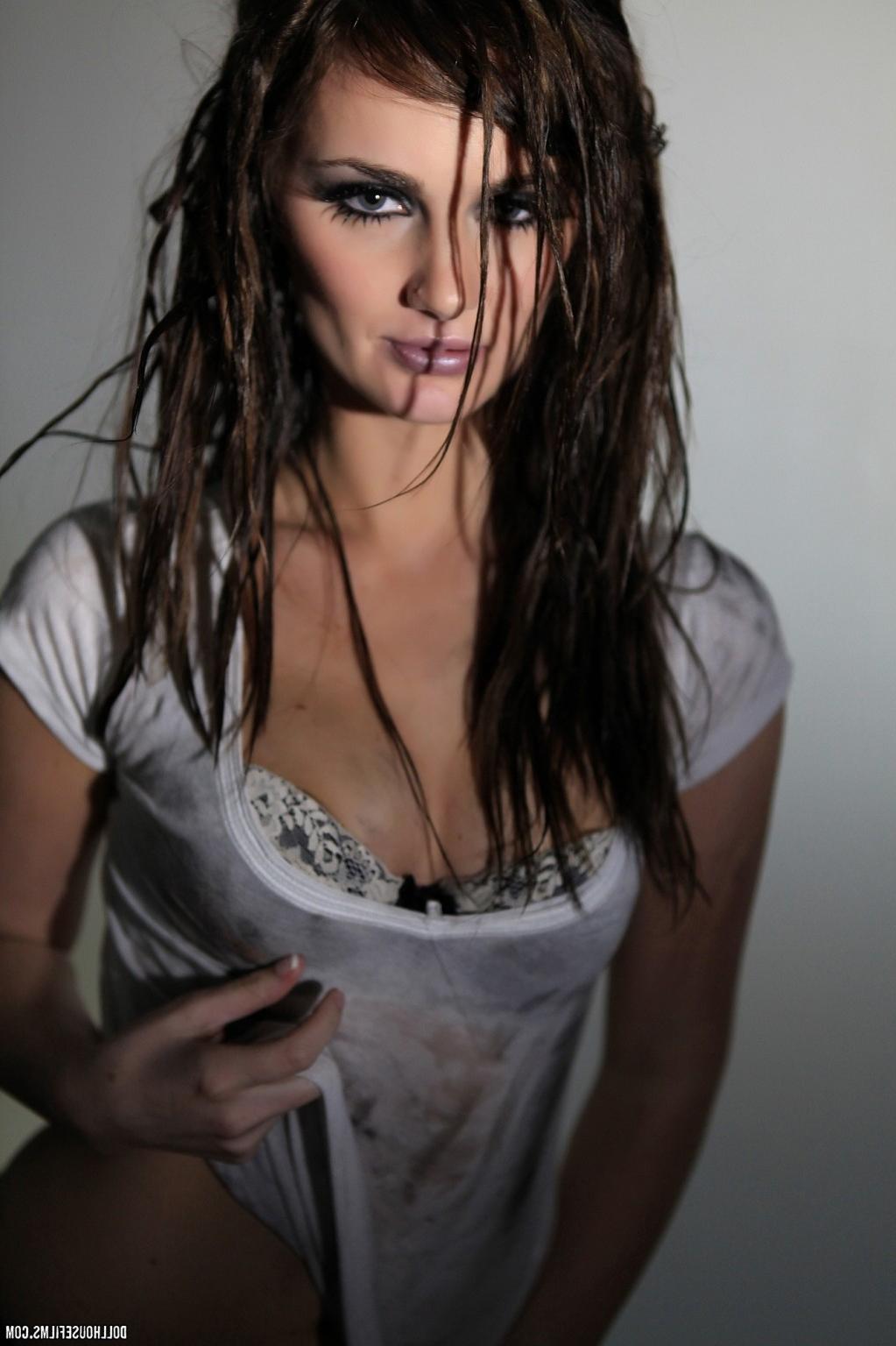 15P Lily Carter sliding off her dripping wet white Tshirt
