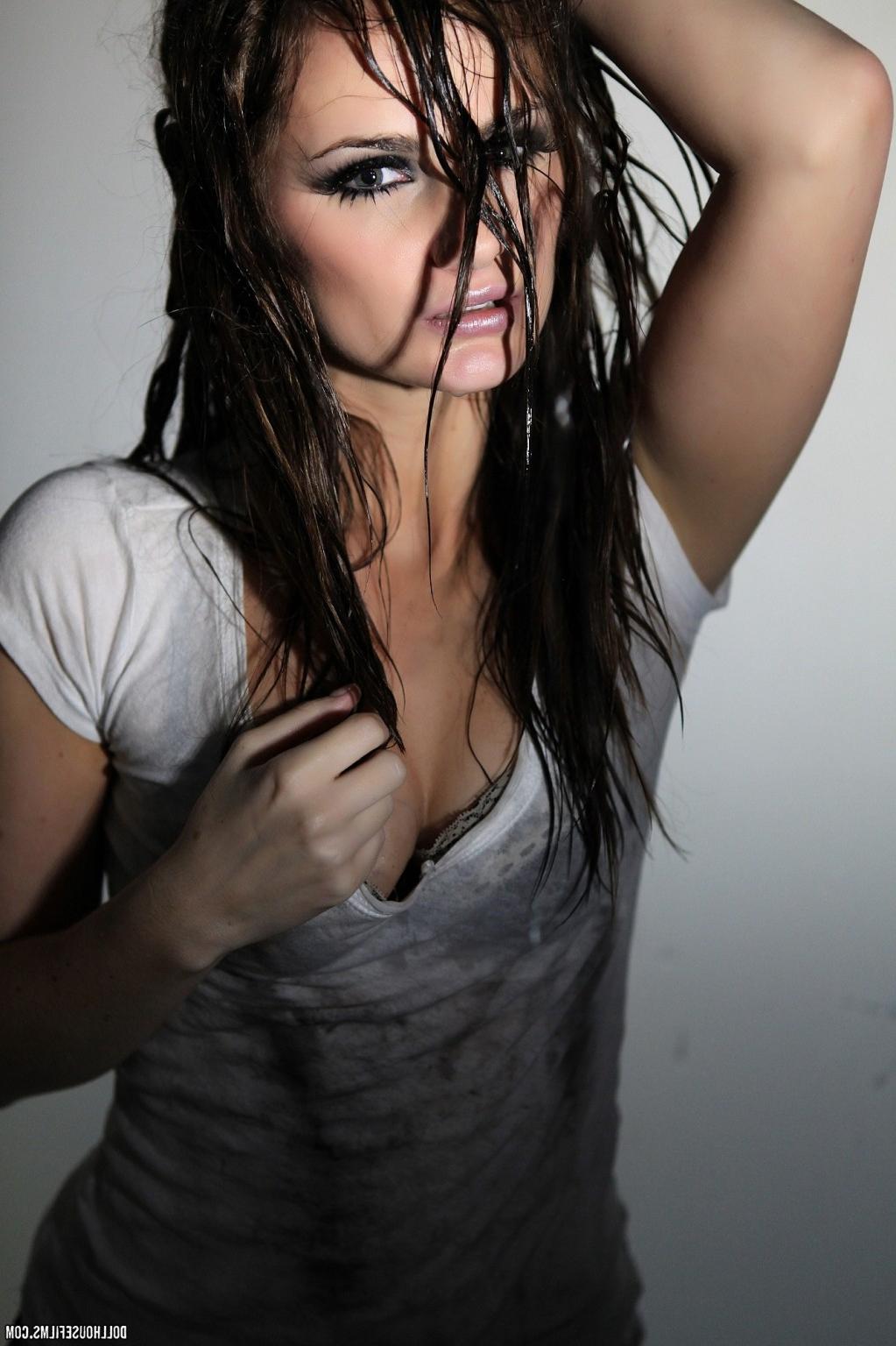 15P Lily Carter sliding off her dripping wet white Tshirt