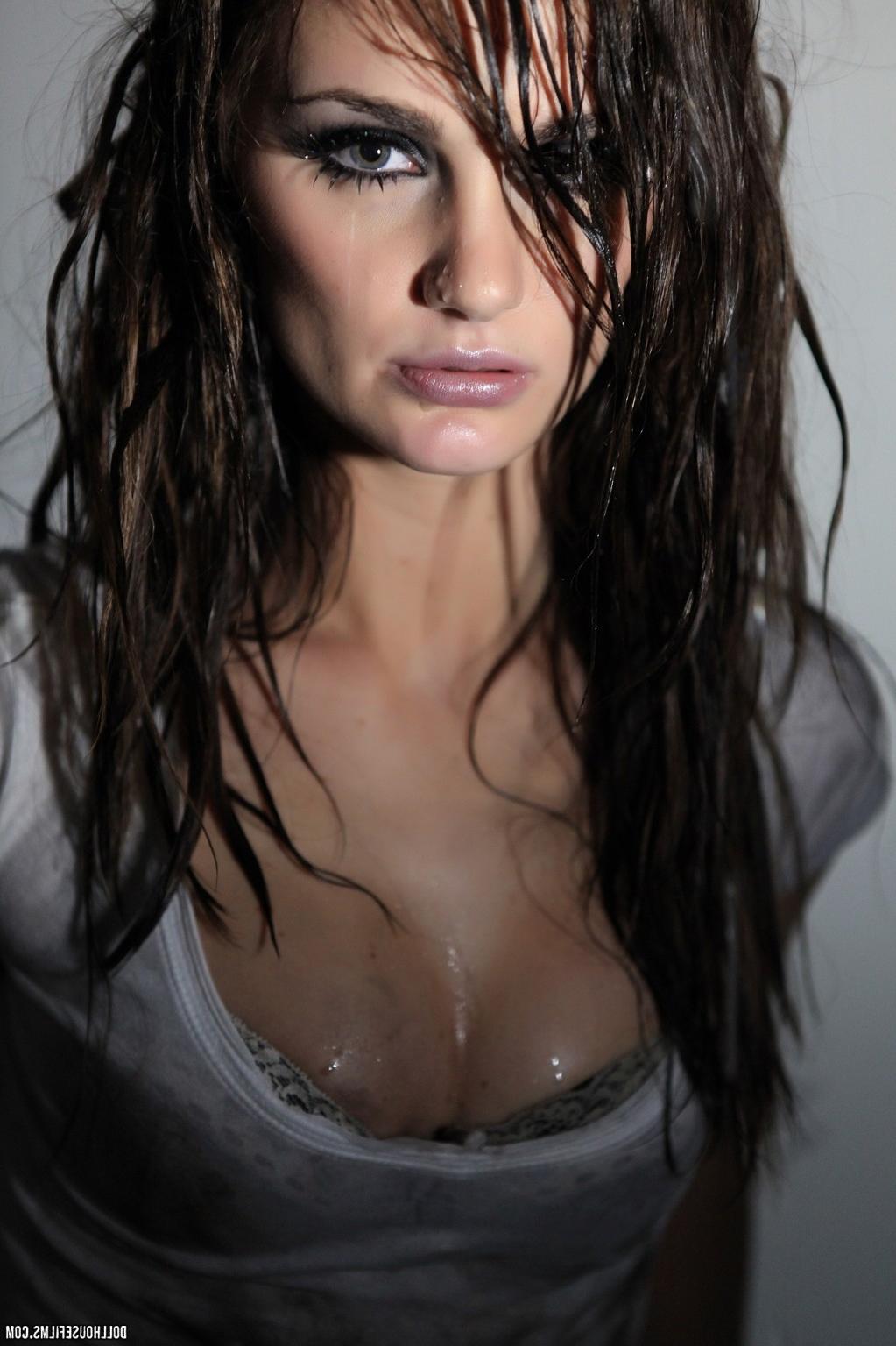 15P Lily Carter sliding off her dripping wet white Tshirt