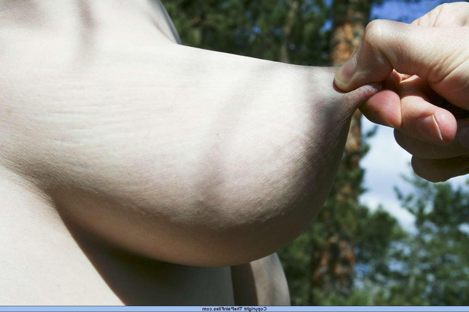 16P Busty amateur sub in bdsm breast play out in the woods