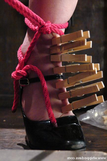 15P Latex subgirl in red rope spider bondage spanked and straponed