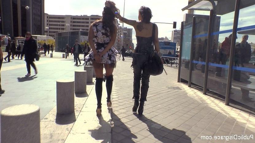 17P Gala Brown is public bdsm humiliated by gorgeous lesbian domme Satrina