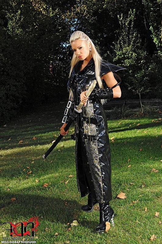 16P Ashley Bulgari lezdom samurai babe in leather and latex toys sub