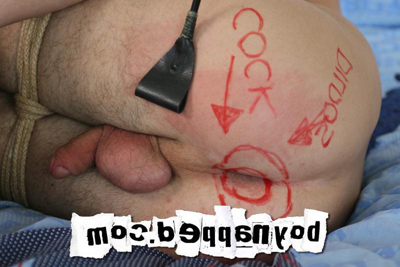 15P Bottom slut Alex Cumming lies bound and blindfolded waiting to have his hole ...