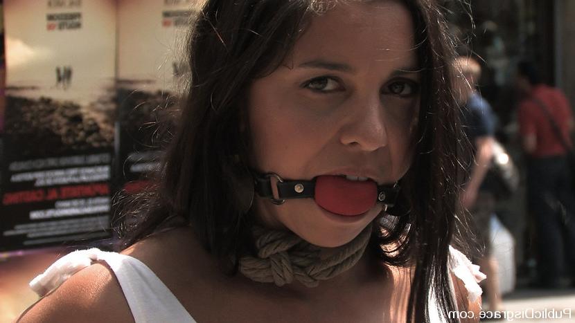 12P Beautiful brunette is blindfolded and lead fully naked through the center of tow