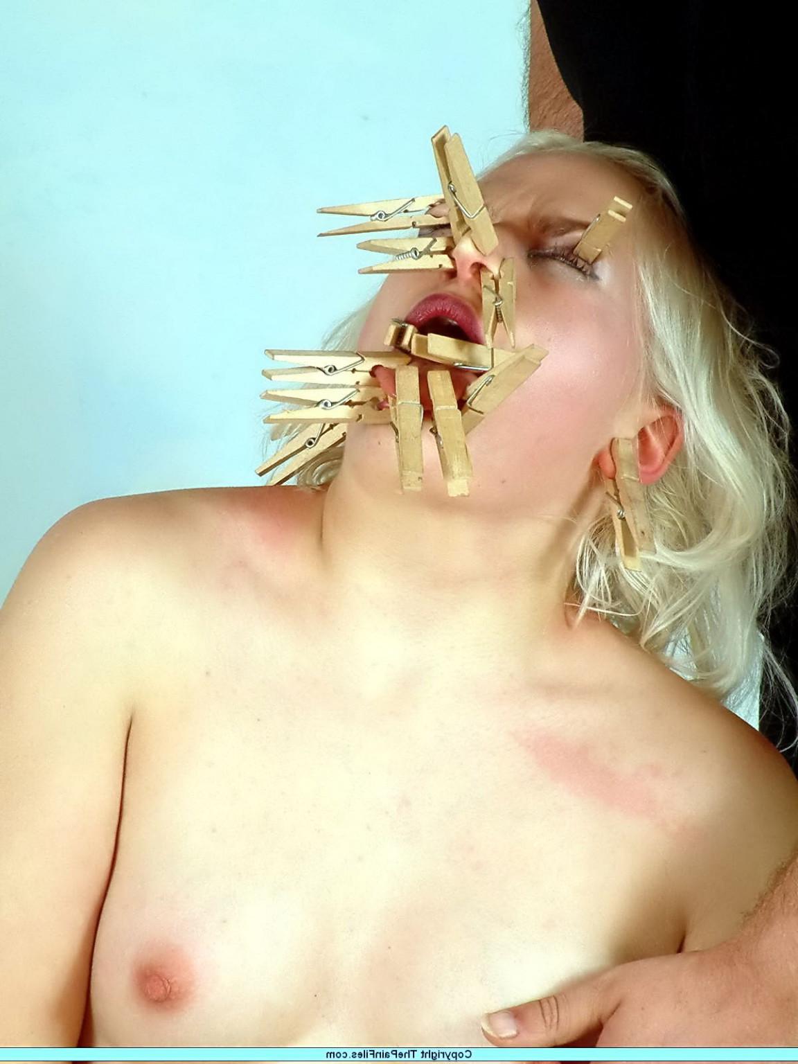 16P Nose bondage and facial bdsm of blonde humiliated slavegirl Chaos