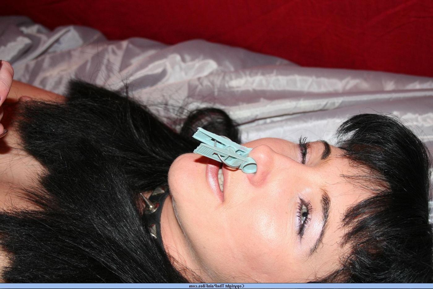 16P Lesbian slave in tit torment and lezdom nosebondage humiliation by mistress Lene