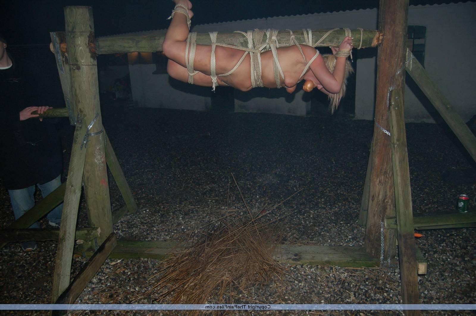 16P Outdoor spitroast bondage and domination of blonde bdsm slavegirl Crystel Lei
