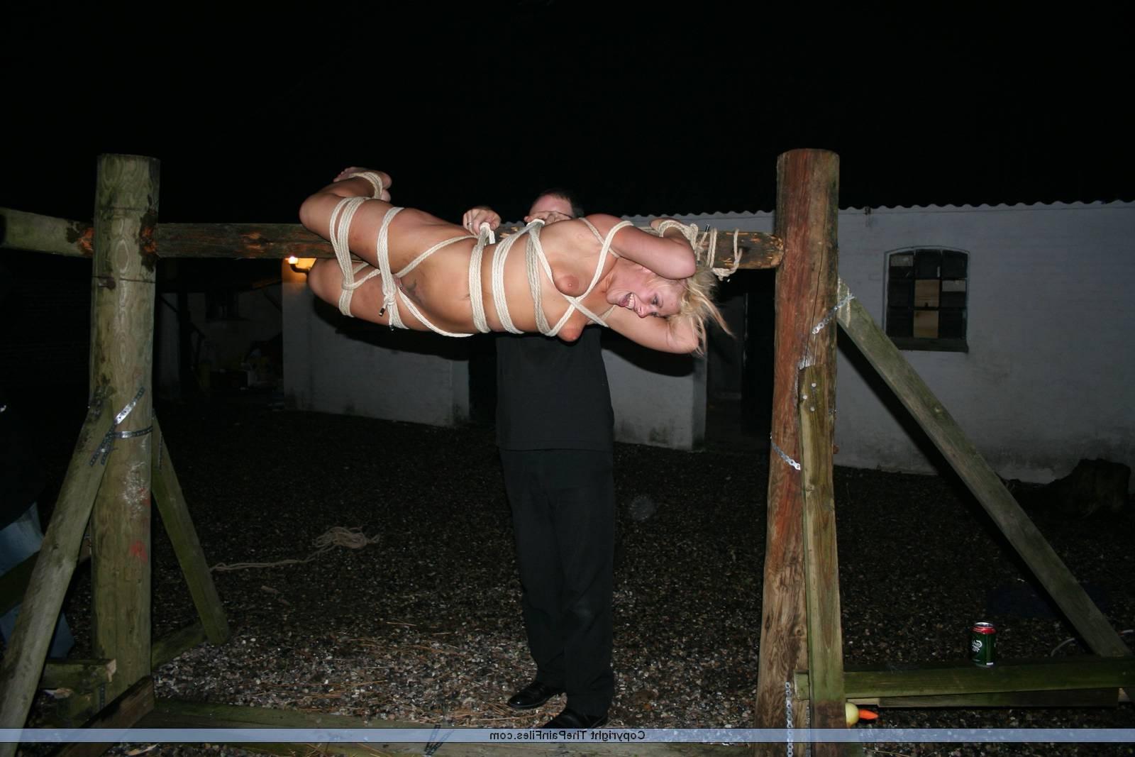 16P Outdoor spitroast bondage and domination of blonde bdsm slavegirl Crystel Lei