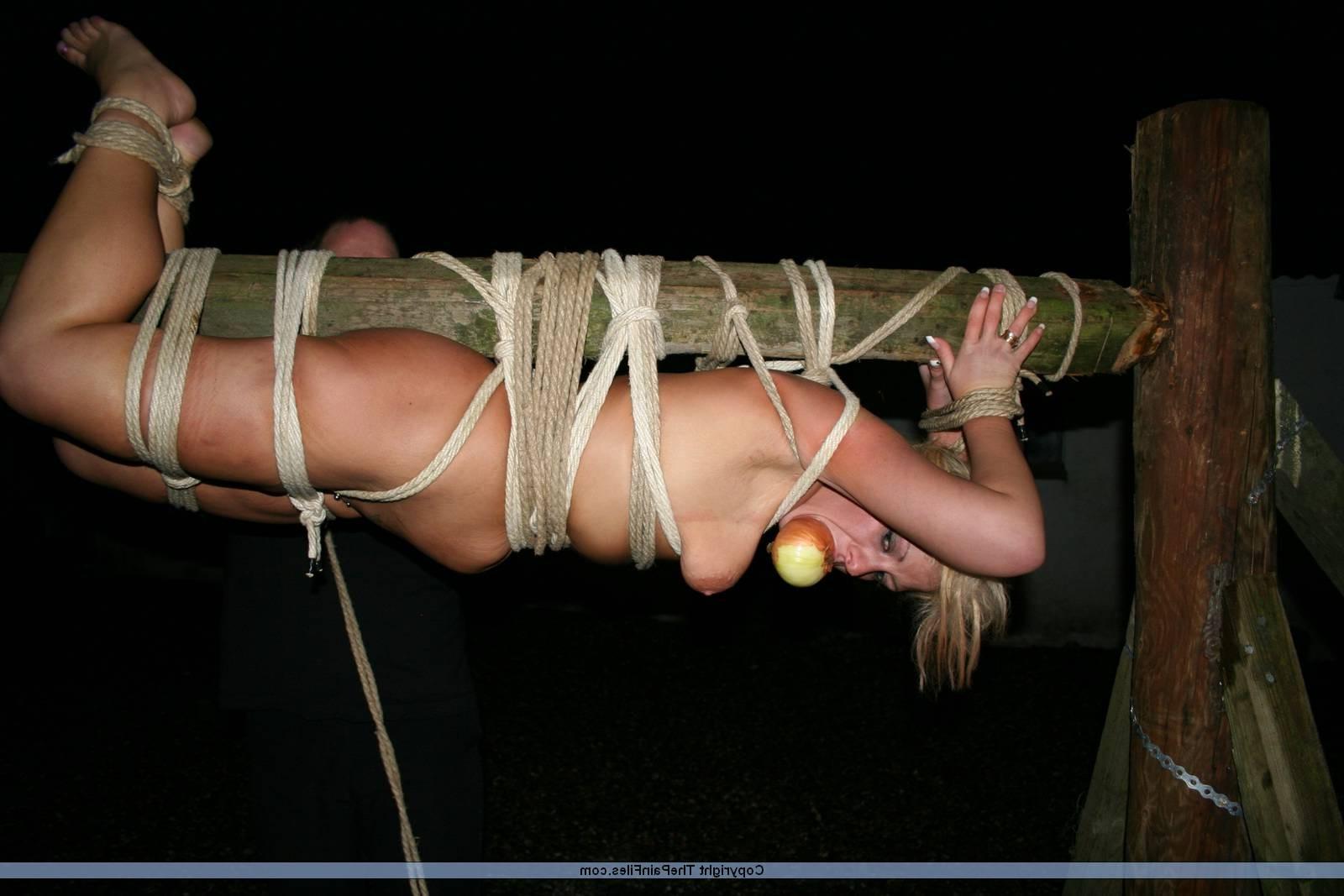 16P Outdoor spitroast bondage and domination of blonde bdsm slavegirl Crystel Lei