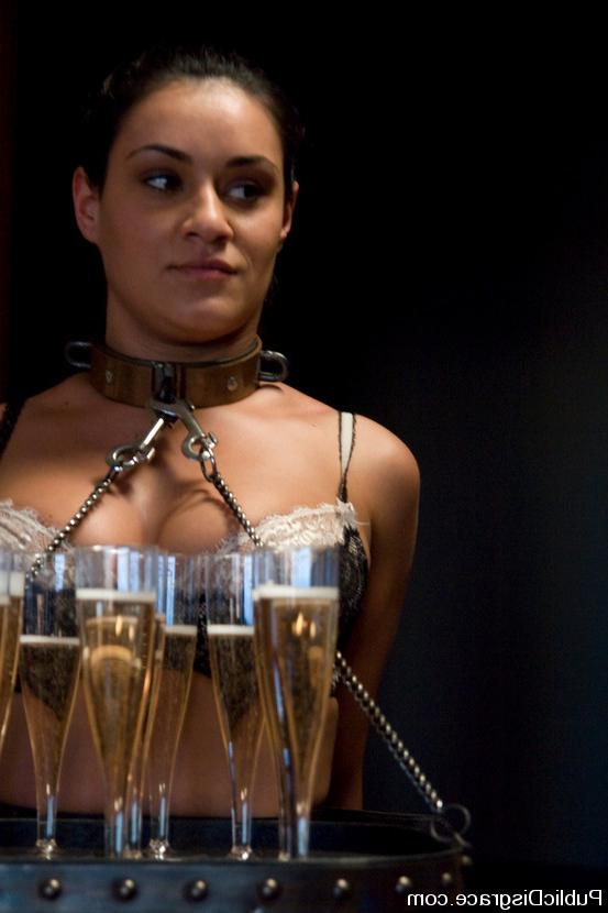 15P Busty slave brunette services a BDSM dinner party