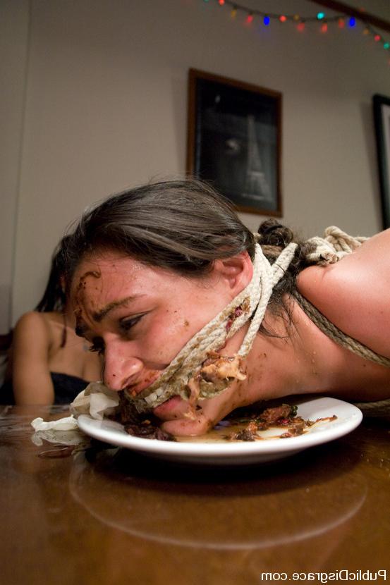 15P Busty slave brunette services a BDSM dinner party