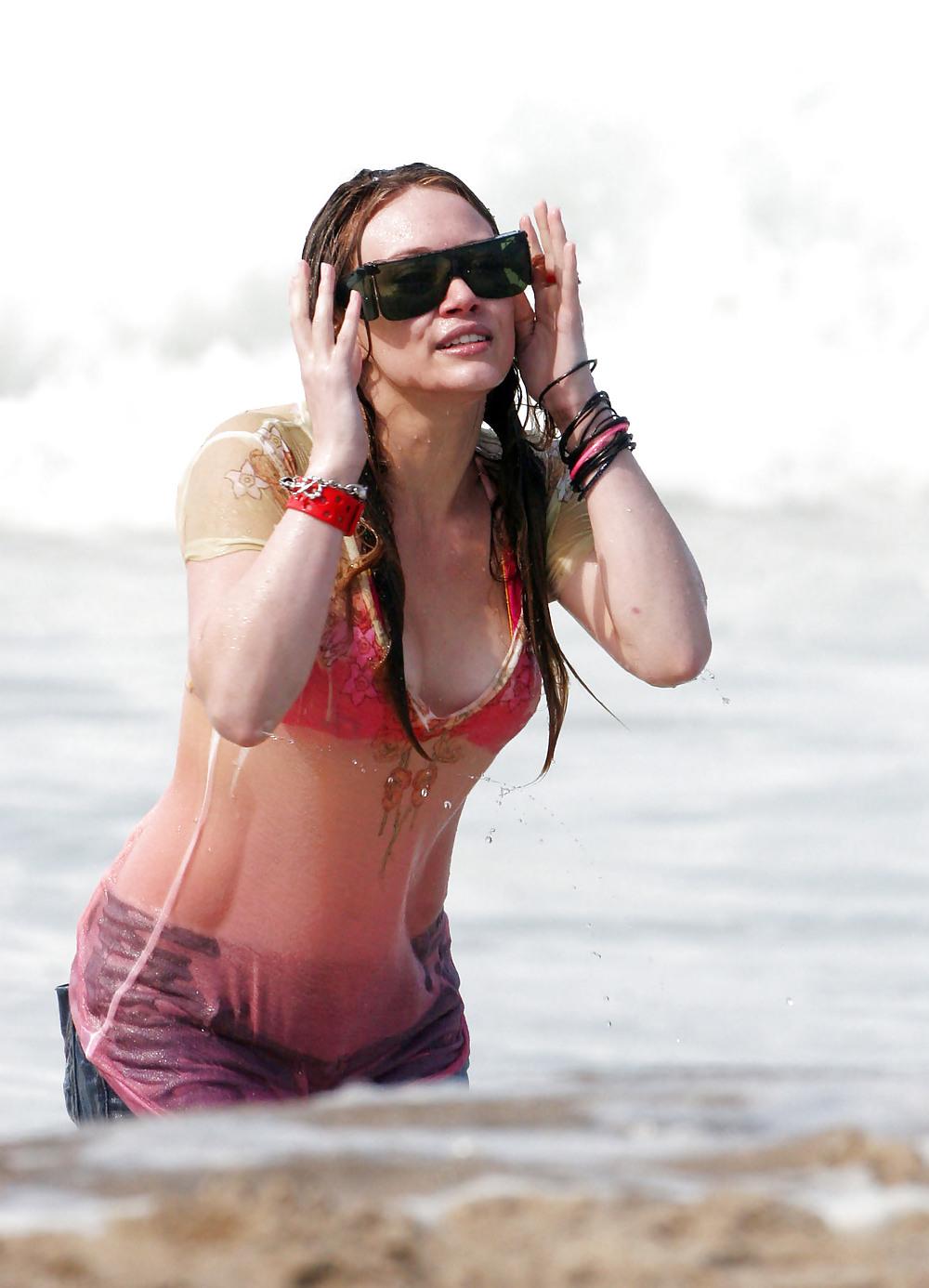 24P Hilary Duff at the Beach playing around in a wet shirt