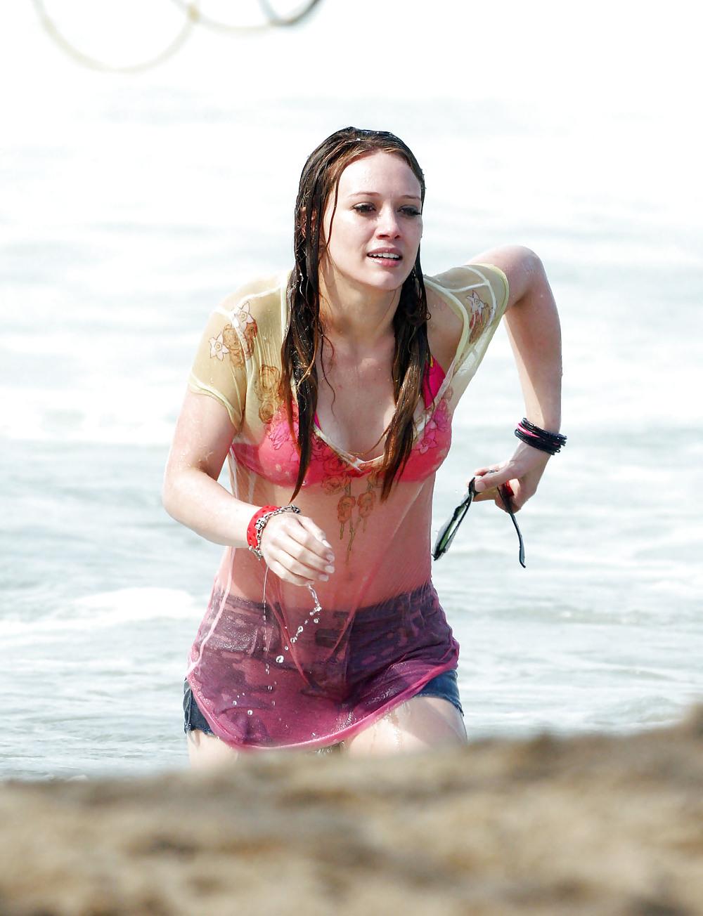 24P Hilary Duff at the Beach playing around in a wet shirt
