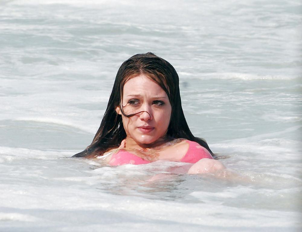 24P Hilary Duff at the Beach playing around in a wet shirt