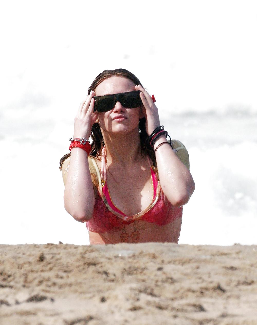 24P Hilary Duff at the Beach playing around in a wet shirt
