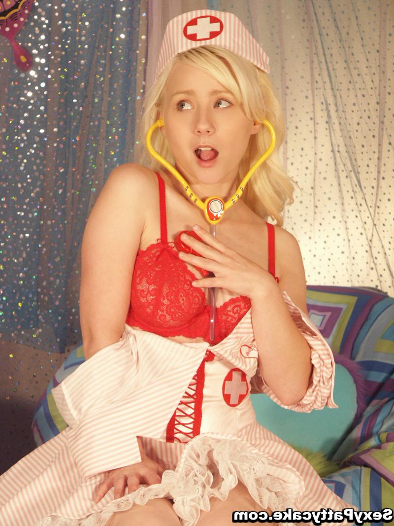 16P Petite blonde babe poses like a sexy nurse in her red underwear