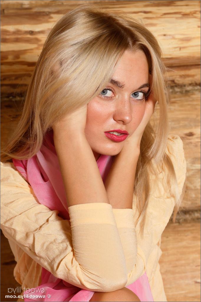 12P Beautiful blonde Russian teen Sweet Lilya strips in a log cabin