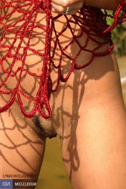 15P Teen wears red fishnet outdoor...