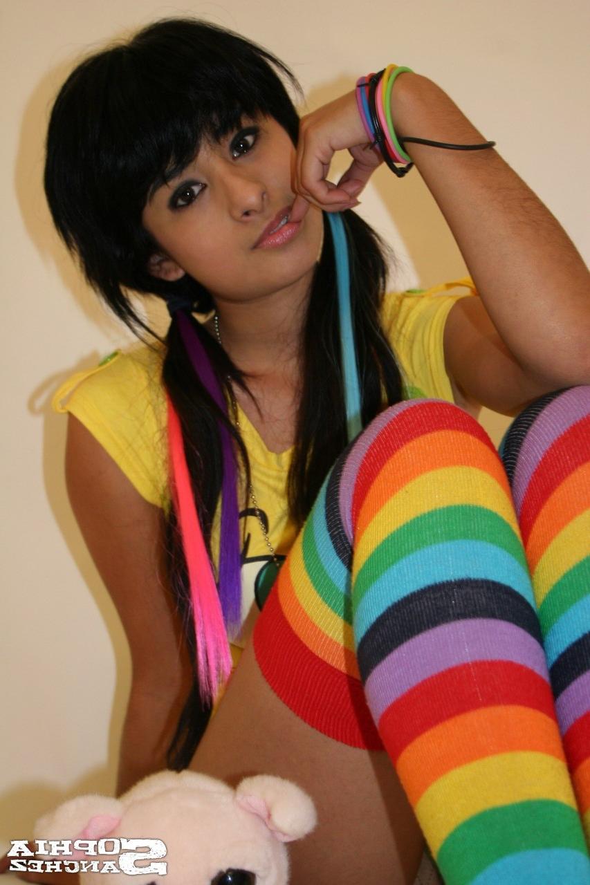 16P Busty latina in stripped socks