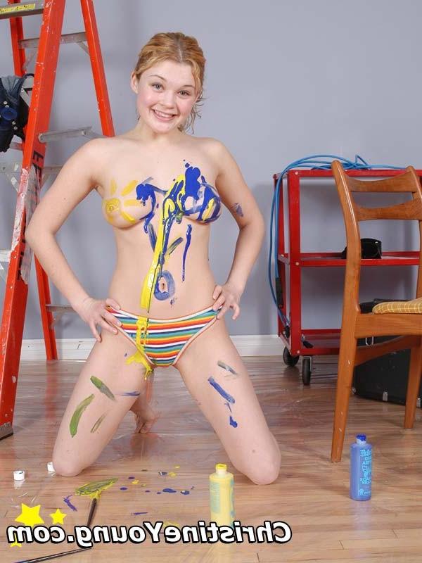 15P Naked house-painting blonde teen Christine Young gets filthy