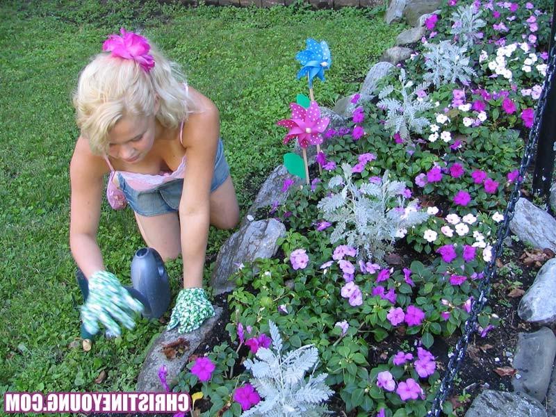 15P Blonde teen Christine Young gardening in backyard and posing