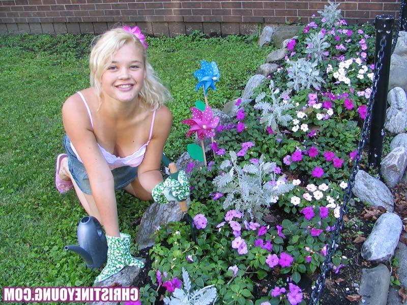 15P Blonde teen Christine Young gardening in backyard and posing