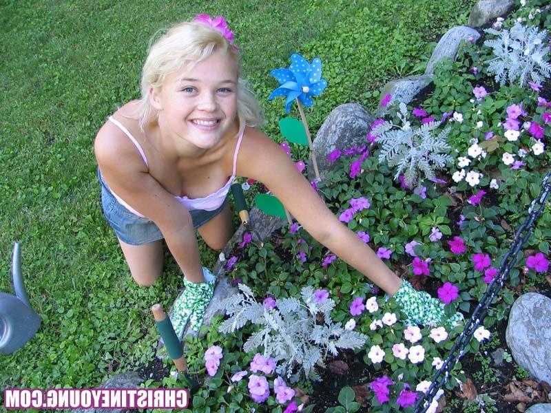 15P Blonde teen Christine Young gardening in backyard and posing