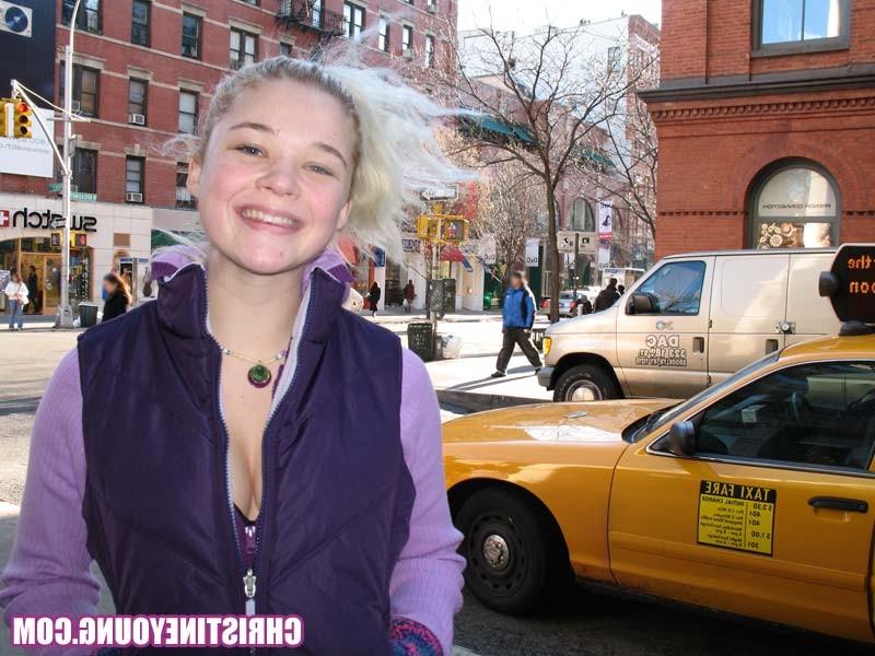 15P Fun-loving teen Christine Young posing and teasing outdoors