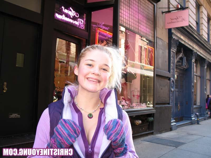 15P Fun-loving teen Christine Young posing and teasing outdoors
