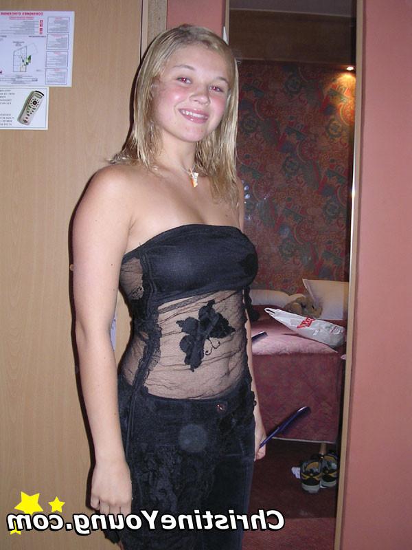 15P Titty-flashing blonde teen Christine Young teasing outdoors