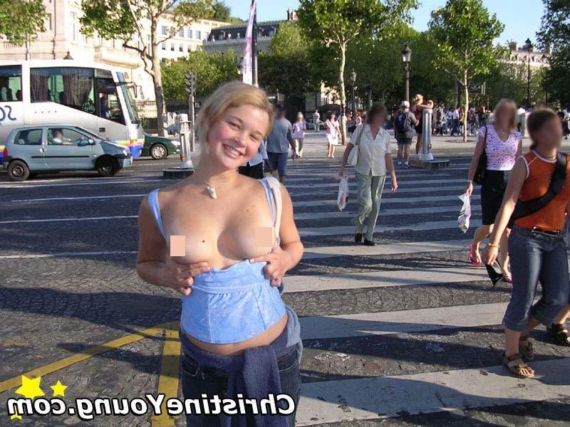 15P Titty-flashing blonde teen Christine Young teasing outdoors