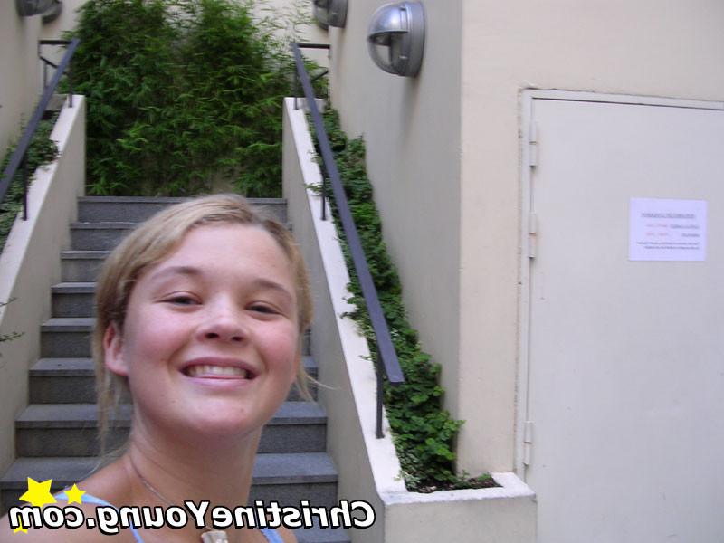 15P Titty-flashing blonde teen Christine Young teasing outdoors