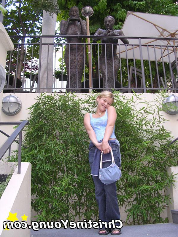 15P Titty-flashing blonde teen Christine Young teasing outdoors