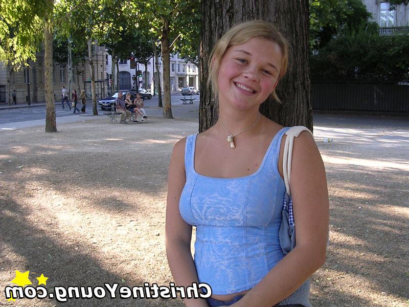 15P Titty-flashing blonde teen Christine Young teasing outdoors