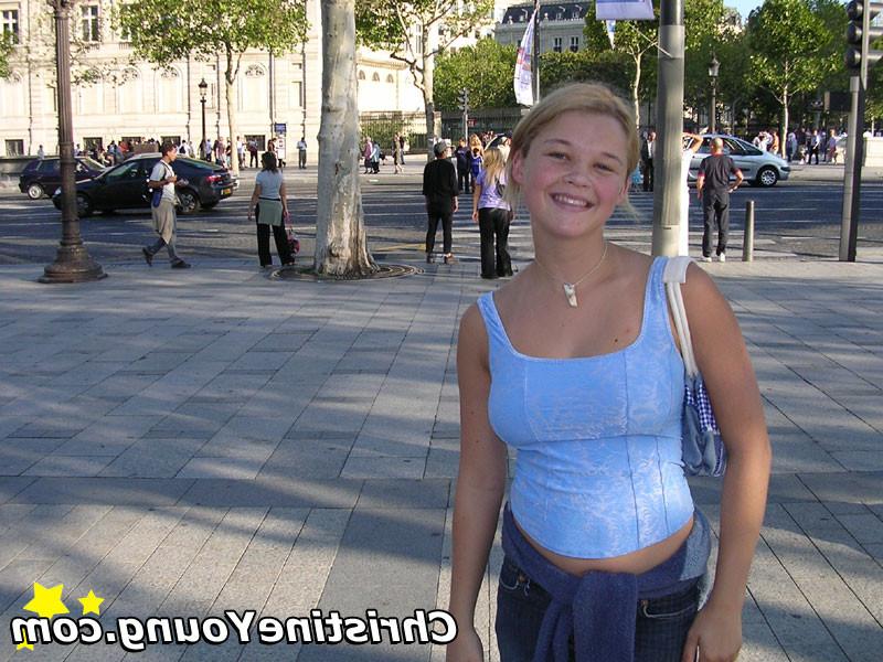 15P Titty-flashing blonde teen Christine Young teasing outdoors