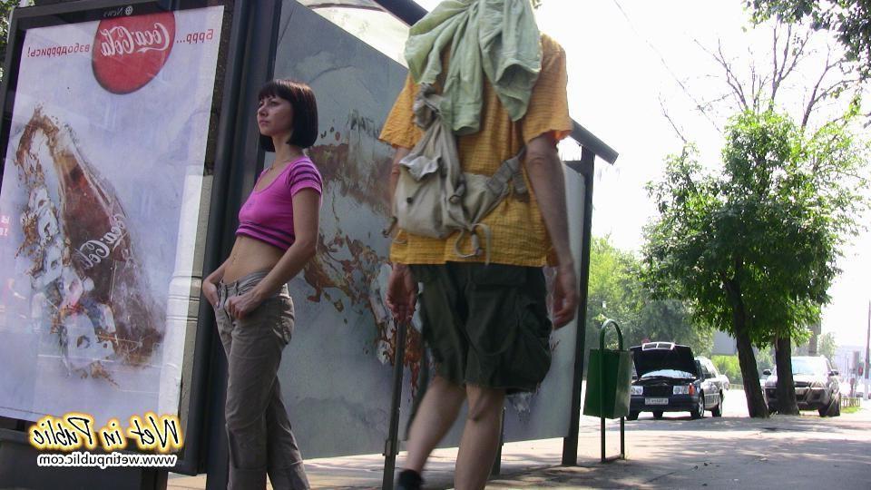 9P Cute chick finds no better place to wet her pants than this bus stop