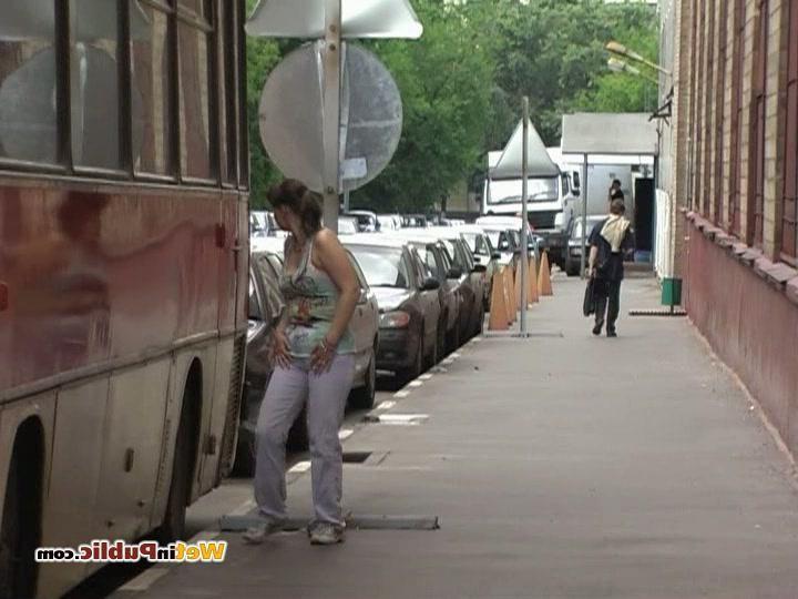 15P Chickie wets her white pants behind a bus as wants to pee desperately