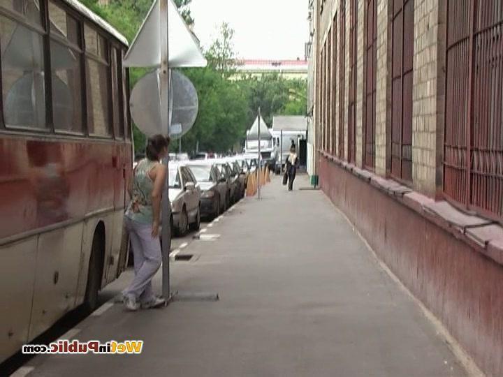 15P Chickie wets her white pants behind a bus as wants to pee desperately