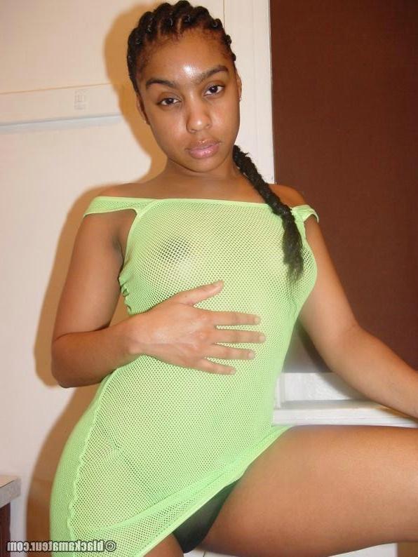 16P Cute Pouty Black Gal Plays Naughty in Short Sheer Dress
