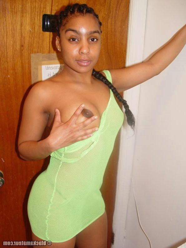 16P Cute Pouty Black Gal Plays Naughty in Short Sheer Dress