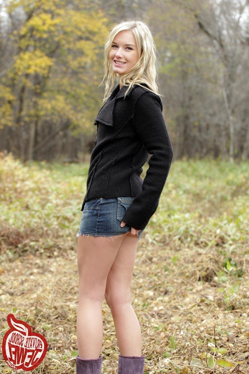 16P Cute blonde teen girl strips in woods