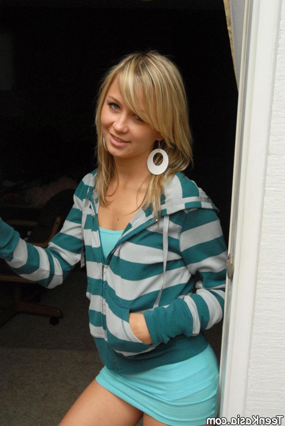 16P Blonde teen takes white panties off to show her pretty shaved pussy