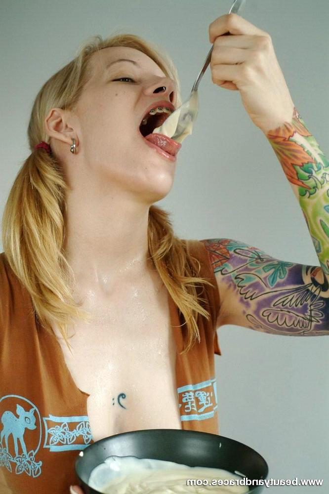 16P Pigtailed blonde teen with sexy braces gets messy with pudding