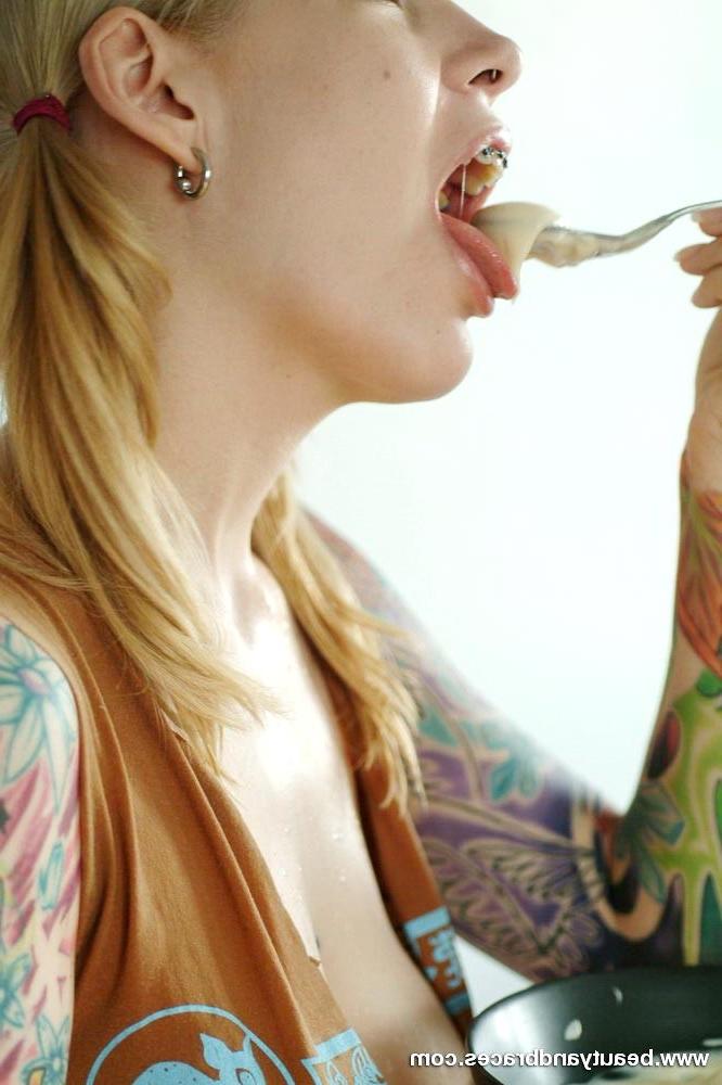 16P Pigtailed blonde teen with sexy braces gets messy with pudding