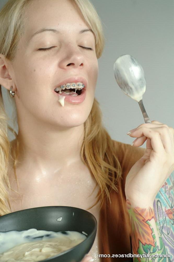 16P Pigtailed blonde teen with sexy braces gets messy with pudding