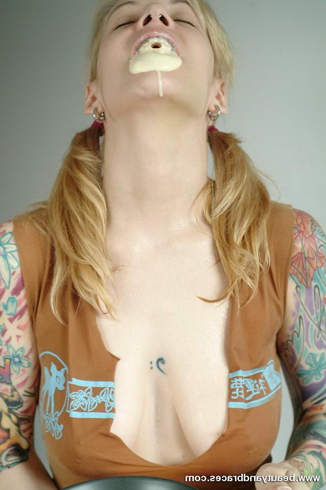 16P Pigtailed blonde teen with sexy braces gets messy with pudding