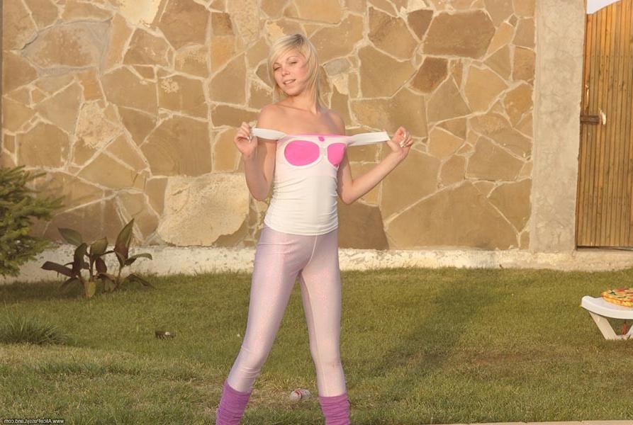 16P Cute small titted blonde teenie pulling down all her garments